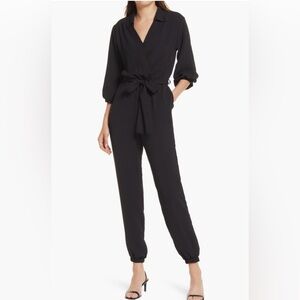 Fraiche by J Tie Waist Long Sleeve Jumpsuit in Black